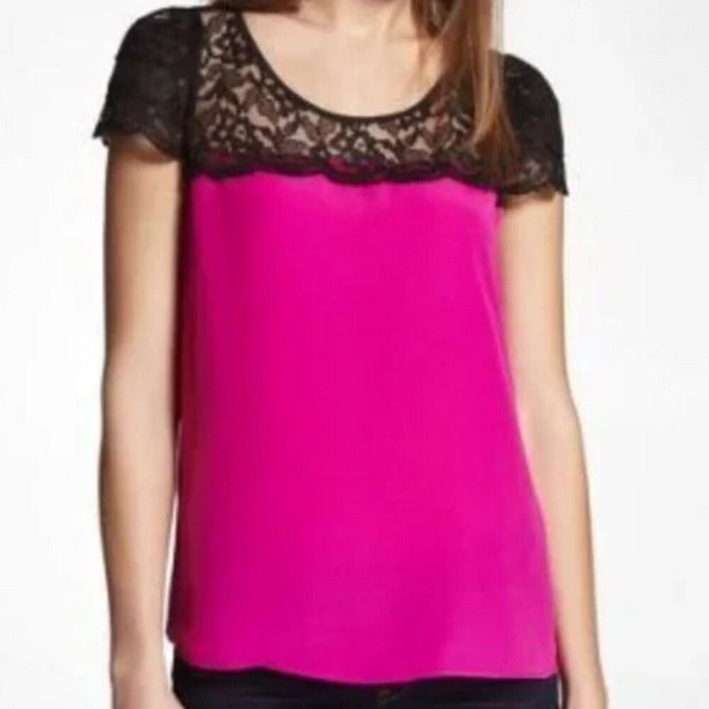 Express | Vibrant Fuchsia & Black Lace Short Sleeve Blouse Top | Size Small